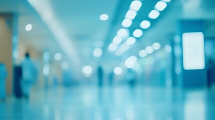Fototapeta premium Blurred background of a hospital interior with medical equipment and people in motion.