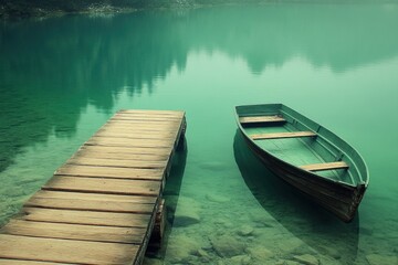 Obraz premium Tranquil lake with wooden platform and rowboat in misty green water