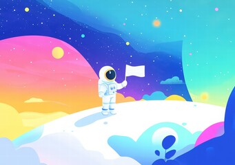 Naklejka premium Cosmonautics Day. rocket soaring through space with planets and stars in a paper-cut style, set against a dark blue background. 