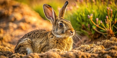 Fototapeta premium From above, a brown rabbit's fur camouflages it, a survival instinct honed by natural selection against predators.
