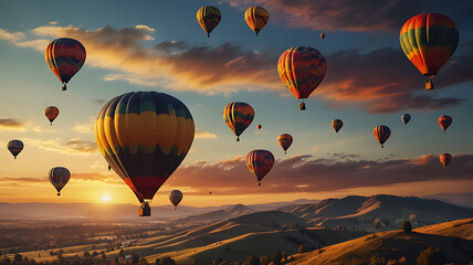 Naklejka premium Colorful hot air balloons ascend into a vibrant sunset sky, casting shadows over rolling hills. A serene and majestic aerial scene.