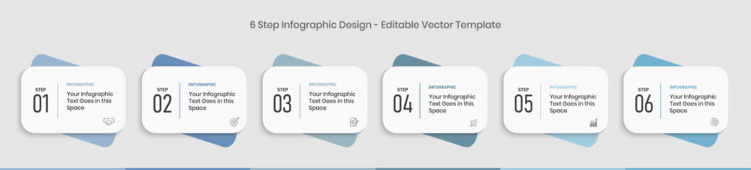 6 Steps Infographics Design Template - Graph, Pie chart, workflow layout, rectangular box diagram, timeline, report, presentation design template Editable Vector illustration on white background