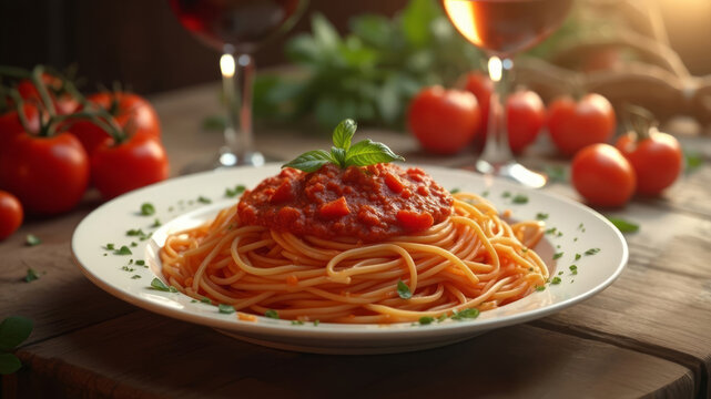 Piatto di spaghetti al pomodoro con basilico su tavolo rustico. Generative AI