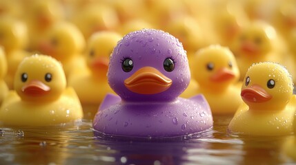 Purple Rubber Duck Standing Out Among Yellow Rubber Ducks in Colorful Digital Painting