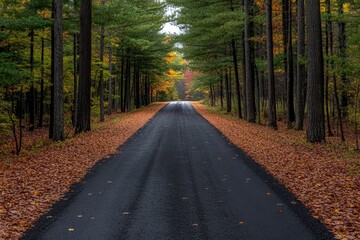 Obraz premium A scenic autumn rural road covered in fallen red and orange leaves, lined with tall trees