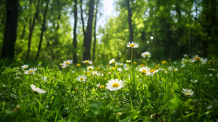 White Daisies Blooming in Green Grassy Field with Sunlight Shining Through Forest Trees