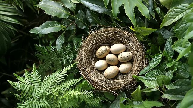 Bird's Nest with Eggs Surrounded by Diverse Plant Life