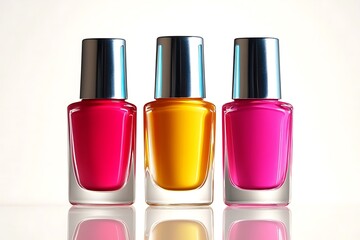 Obraz premium Three nail polish bottles in pink, yellow, and fuchsia.
