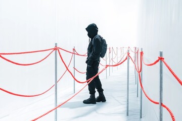 Mysterious figure in black hoodie and backpack standing in minimalist white corridor with red ropes, enigmatic atmosphere, urban exploration concept