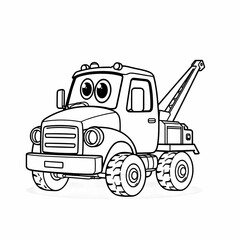 Naklejka premium Cartoon tow truck big eyes cute vehicle character black and white line art kid friendly illustration coloring book page