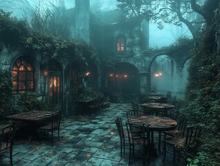 Tables and chairs sit in a foggy, overgrown courtyard with old stone building