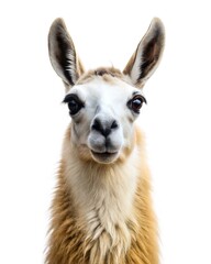 Obraz premium An adorable llama with a fluffy coat and curious expression, standing against a clean white background.