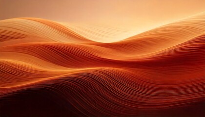 Undulating waves in warm hues of orange and red create a fluid, abstract design. The smooth, flowing lines resemble layered fabric or sand dunes, evoking a sense of motion. 