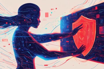 Futuristic woman interacting with digital shield interface, cyber security concept, vibrant neon colors, technology protection theme