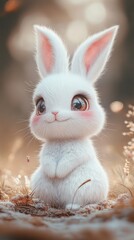 An adorable fluffy white bunny rabbit sits in grass happily