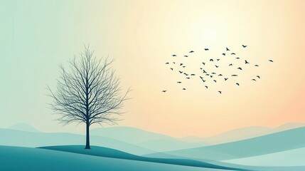 Bare Tree with Birds, Misty Hills, and Sunrise Landscape.