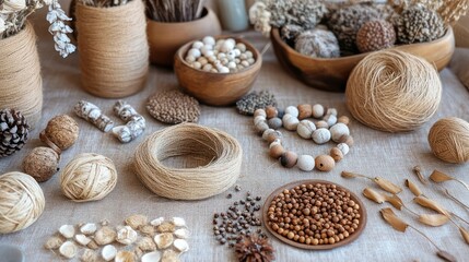 Natural materials, crafting supplies,  beige and brown tones,  handmade jewelry,  rustic setting.