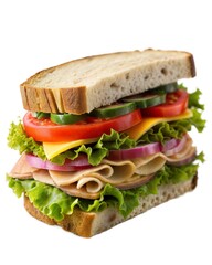 A vibrant, stacked sandwich filled with fresh vegetables and turkey, showcasing layers of flavor and texture.