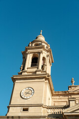 Pamplona cathedral bell tower rising towards blue sky