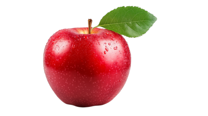 Juicy red apple with fresh green leaf,  symbol of health and natural goodness fresh