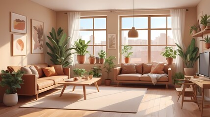 Warm and inviting small apartment with natural light, cozy furniture, indoor plants, and earthy tones, 3D rendering