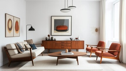 A mid-century modern living room with retro furniture, neutral walls, and classic design.