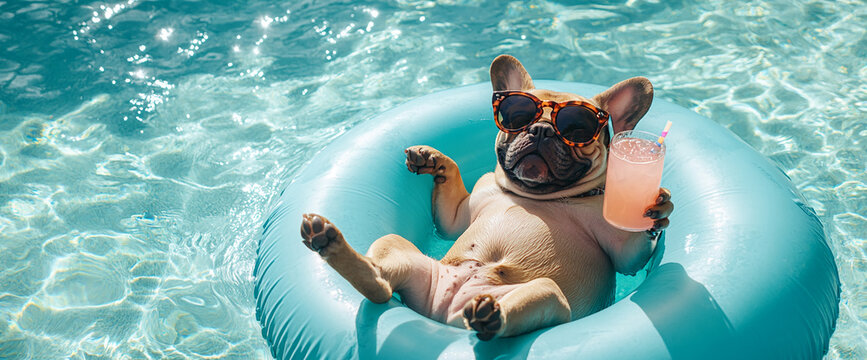 French bulldog in teal inflatable ring in a pool, wearing sunglasses and holding a pink drink, summer fun, relaxation concept