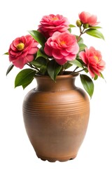 A beautiful arrangement of pink camellia flowers in a traditional clay vase.