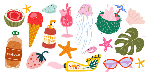 Summer beach cartoon stickers. Vacation and beach collection elements. Summer trip, tropical fruits, sea corals, cold drink, sunscreen. Vector illustration