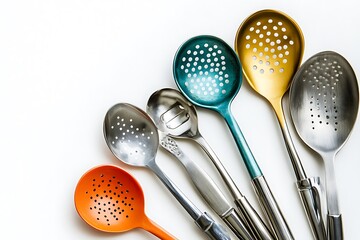 Colorful slotted spoons and serving spoons on white background.