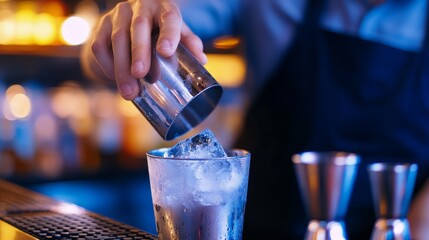 Bartender skillfully pouring ice into a cocktail glass at a vibrant bar with blurred background