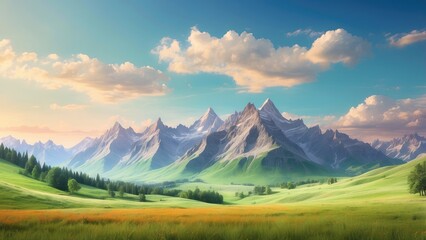 Obraz premium A picturesque landscape featuring a lush green hillside bathed in warm sunlight,