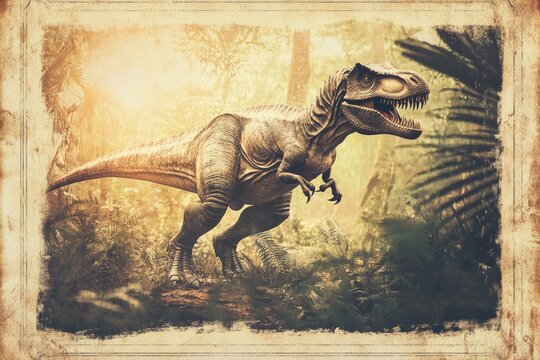 A stylized T-Rex in a warm toned prehistoric savannah, framed like an old timey postcard with room for a note