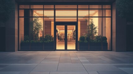 Modern storefront with inviting entrance and lush greenery outside
