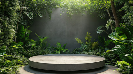 Product presentation on a concrete podium surrounded by a tropical forest and lush green wall