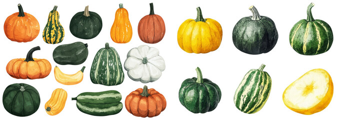 A set of pumpkins is depicted in a watercolor style illustration on a clean white background as clipart