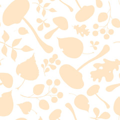 Two-tone autumn seamless pattern with mushrooms, leaves, and berries