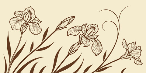 Vintage Hand-Drawn Iris Flower Branch with Elegant Leaves and Curved Lines on Beige Background