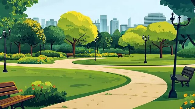 Serene park pathway winding through lush greenery with city skyline view in the background