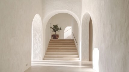 Obraz premium Light-filled white hallway with arched doorways and beige stairs. Interior design