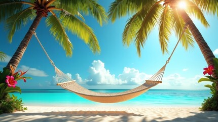 Relaxing Hammock on a Tropical Beach with Crystal Clear Water, Serene Island Paradise with Palm Trees and White Sand Beach, Peaceful Beach Escape with Hammock Under Swaying Palm Trees,