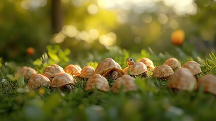 Tiny turtles marching in a grassy field at dawn. Possible use Nature, wildlife, education, children's books