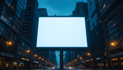 Large blank billboard mockup in a bustling city at night, illuminated advertising display with urban skyline.