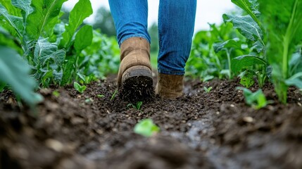 Fototapeta premium A person walking through rows of growing crop plants and soil