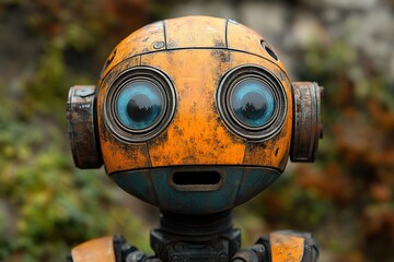 A curious, rusty robot stares ahead, with its shiny eyes and neck coils