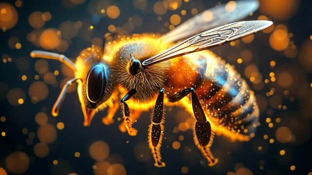 Close-up of a bee on a flower with yellow wings and green leaves