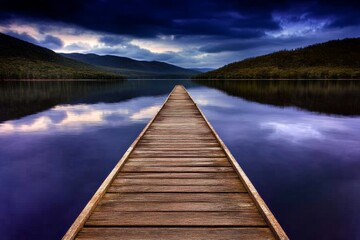 A wooden jetty extending into the calm waters of a Tasmanian fishing village at dusk