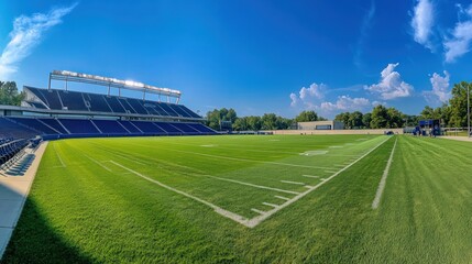 Obraz premium Panoramic view of an empty American football field on a sunny day.