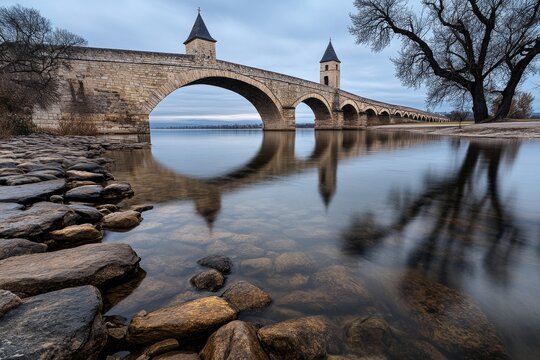 The Pont Saint-B&Atilde;&copy;n&Atilde;&copy;zet (Pont d&acirc;&euro;&trade;Avignon), partially crossing the Rh&Atilde;&acute;ne River, with reflections of the ancient bridge in the calm water