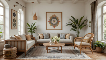 Bohemian Style Living Room with Natural Decor and Cozy Atmosphere

